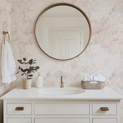 Pink Marble rose-toned marble-effect wallpaper in a bathroom