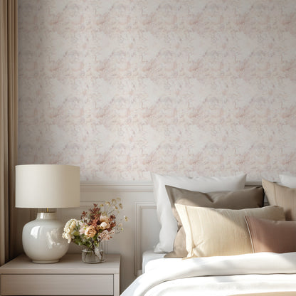 Pink Marble rose-toned marble-effect wallpaper in a calm neutral bedroom