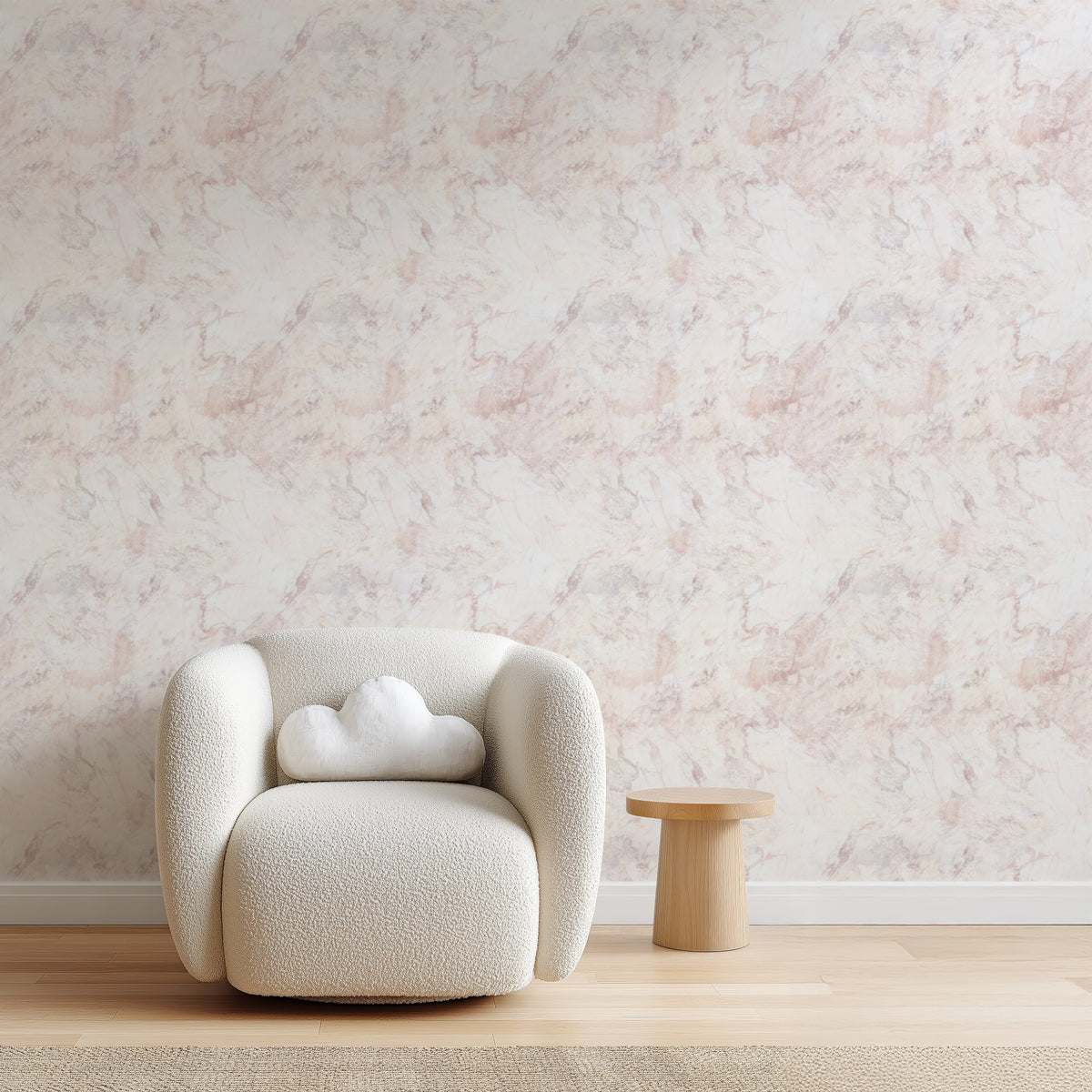Pink Marble rose-toned marble-effect wallpaper in a reading corner