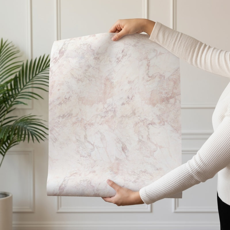 Pink Marble rose-toned marble-effect wallpaper shown on a single wallpaper drop