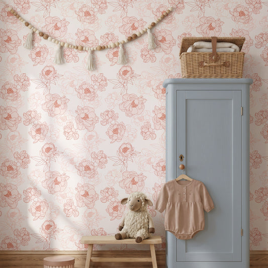 Pink Peonies delicate soft pink peony floral wallpaper in a nursery