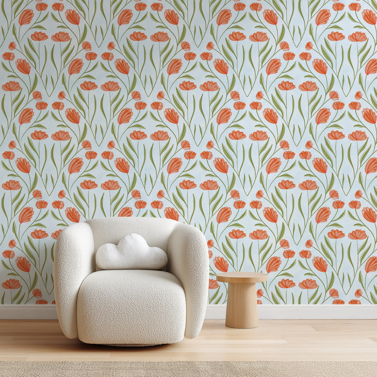 Poppy Field Sky bold floral wallpaper in a bright home office