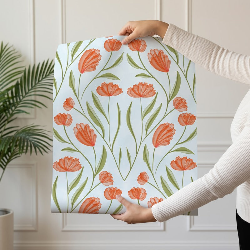 Poppy Field Sky wallpaper roll drop showing the poppy and blue floral repeat