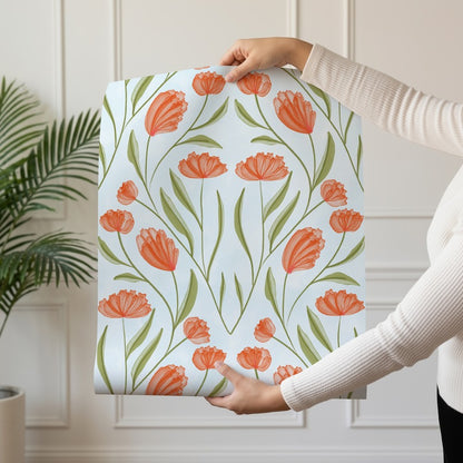 Poppy Field Sky wallpaper roll drop showing the poppy and blue floral repeat
