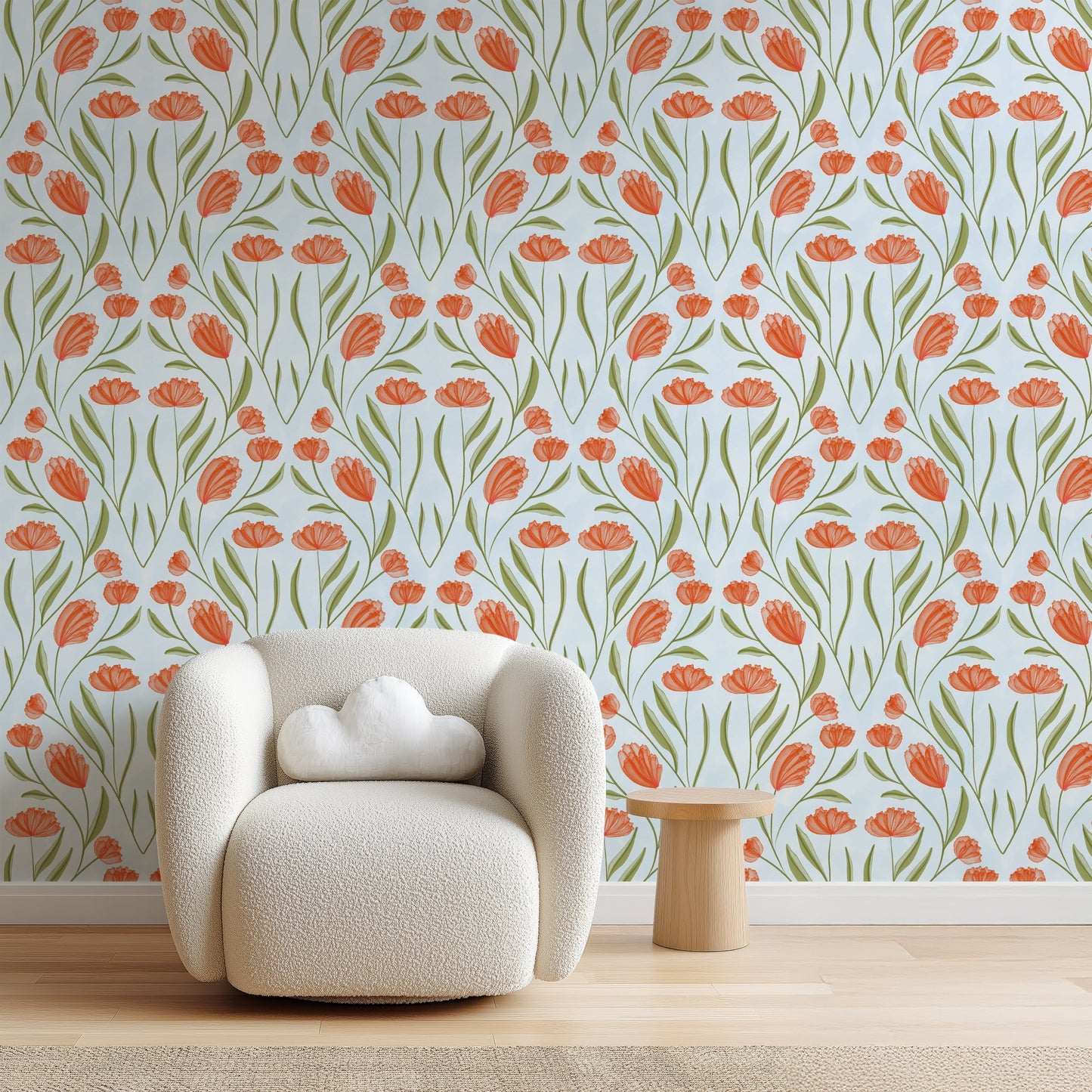 Poppy Field Sky bold floral wallpaper in a bright home office