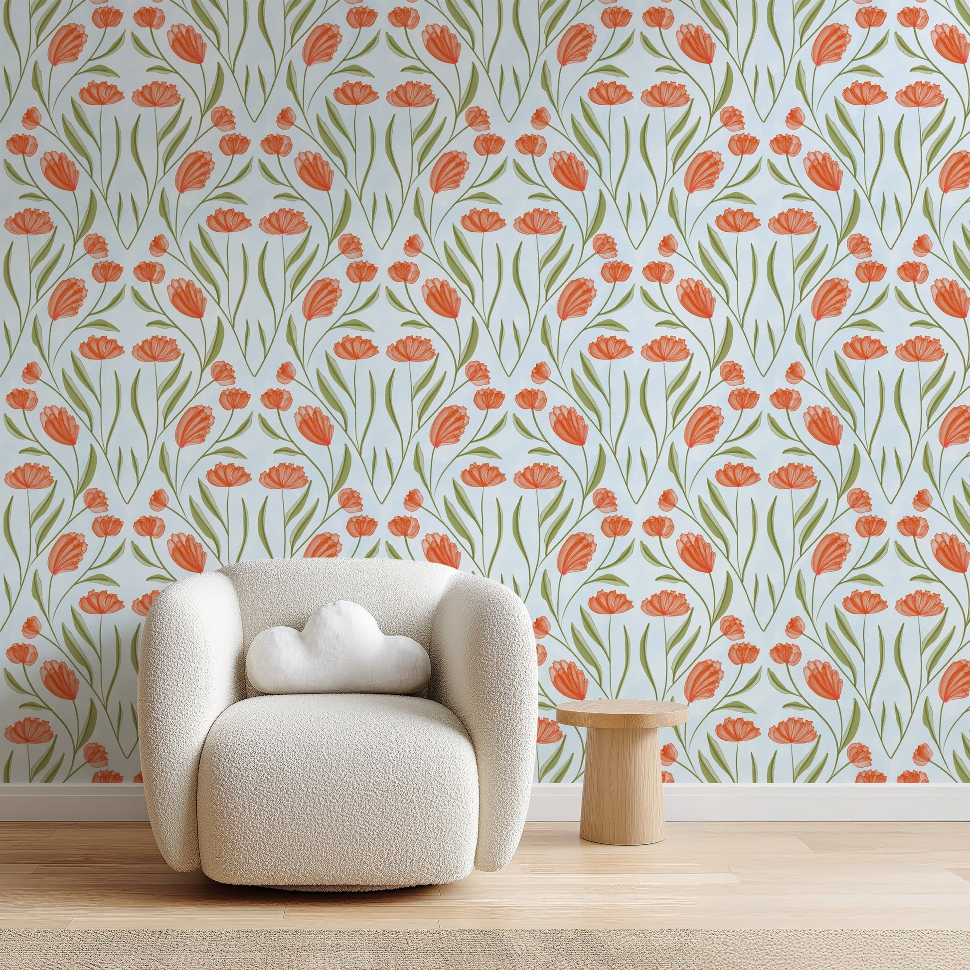Poppy Field Sky bold floral wallpaper in a bright home office