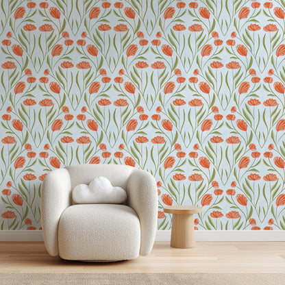 Poppy Field Sky bold floral wallpaper in a bright home office