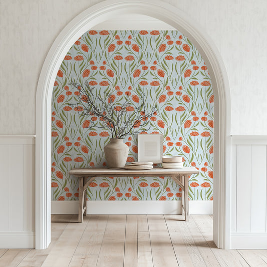 Poppy Field Sky wallpaper in a welcoming entrance hall