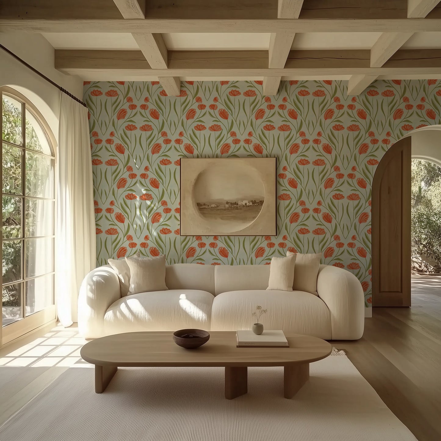 Poppy Field Sky wallpaper in a light-filled living room