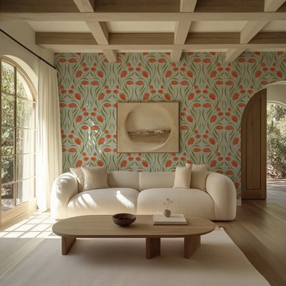 Poppy Field Sky wallpaper in a light-filled living room