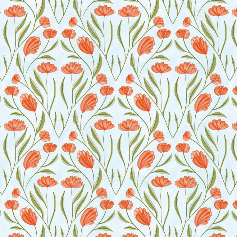 Poppy Field Sky wallpaper design — coral and pink poppies scattered on a vivid sky-blue ground