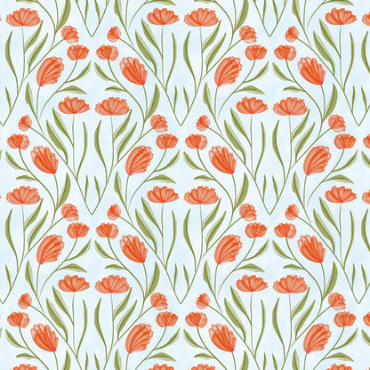 Poppy Field Sky wallpaper design — coral and pink poppies scattered on a vivid sky-blue ground