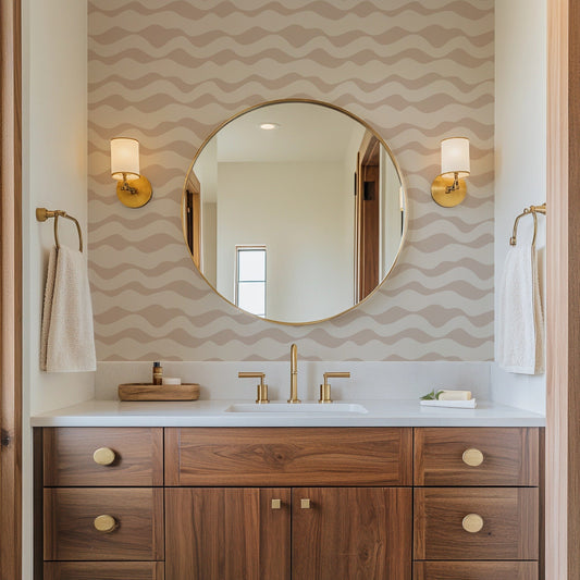 Powdery Waves soft pink wave-pattern wallpaper in a bathroom