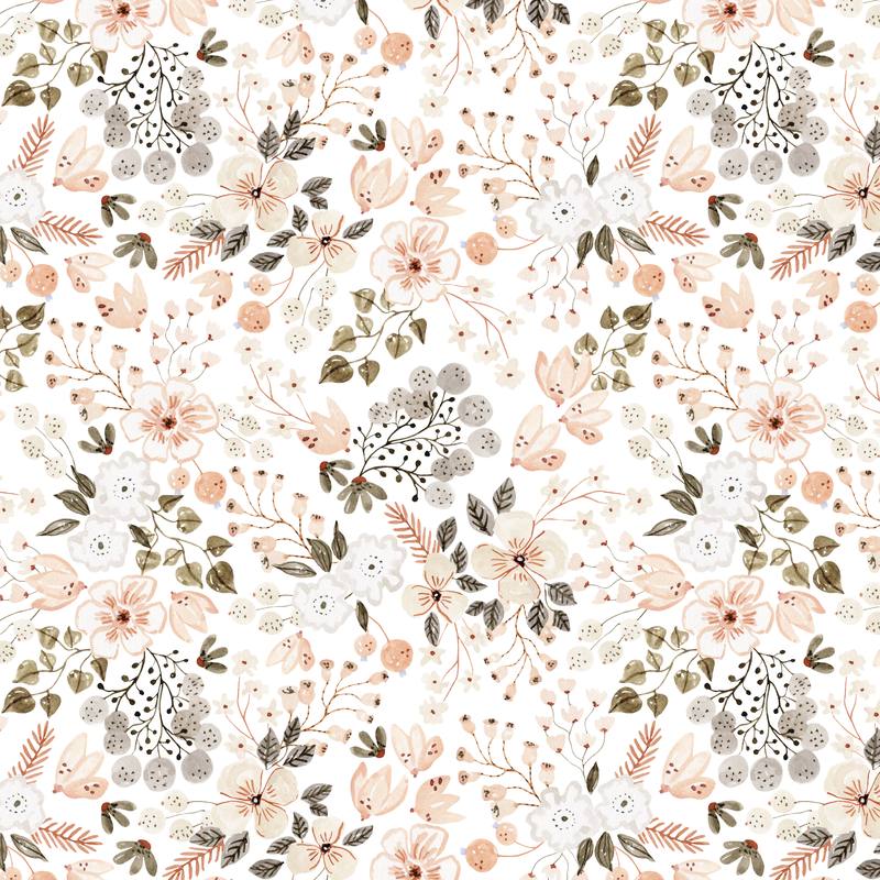Primavera wallpaper design, small blush blossoms and olive leaves on white