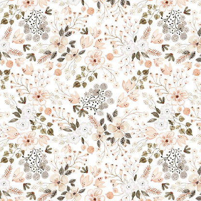 Primavera wallpaper design, small blush blossoms and olive leaves on white