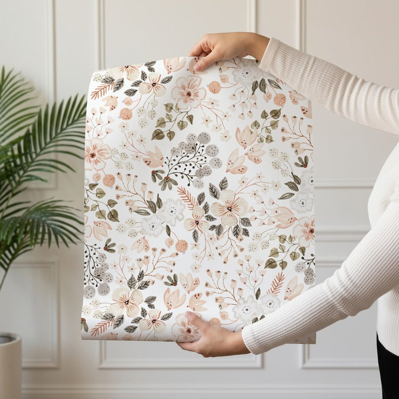 Primavera wallpaper roll drop showing the ditsy blush floral repeat