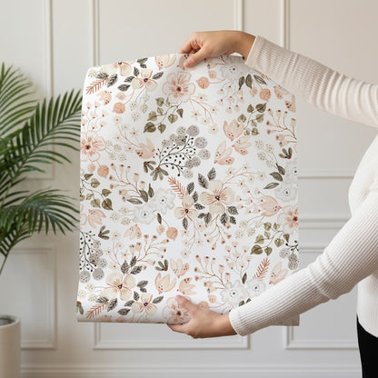 Primavera wallpaper roll drop showing the ditsy blush floral repeat