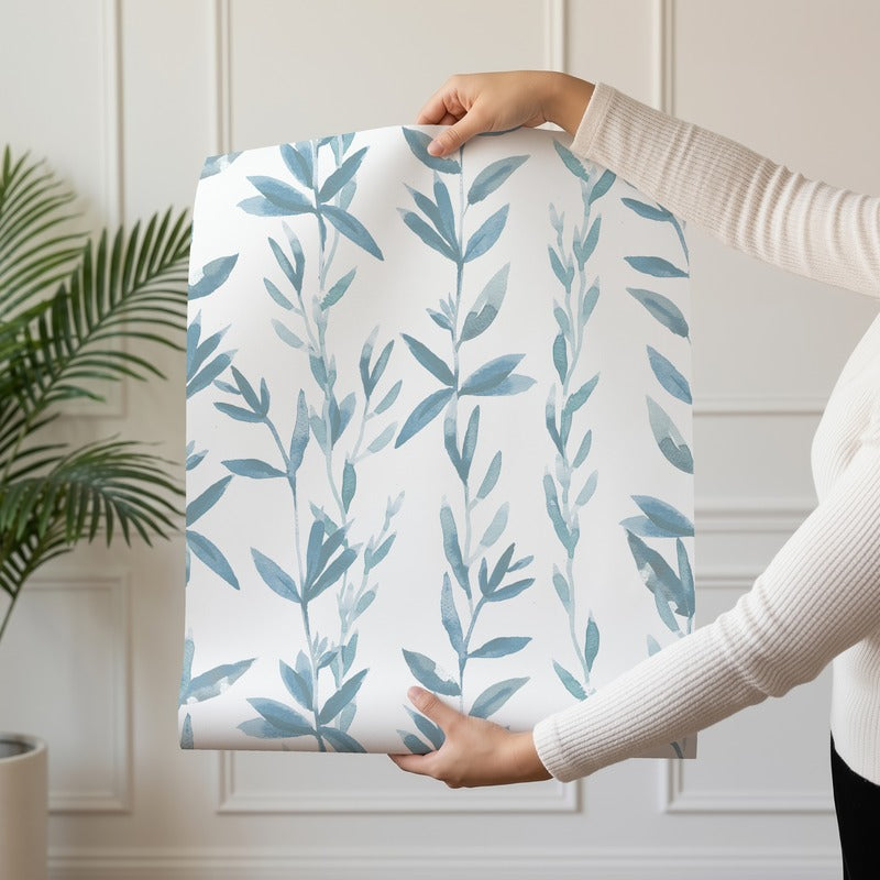 Ramage 01 wallpaper roll drop showing the watercolor vine stripe repeat