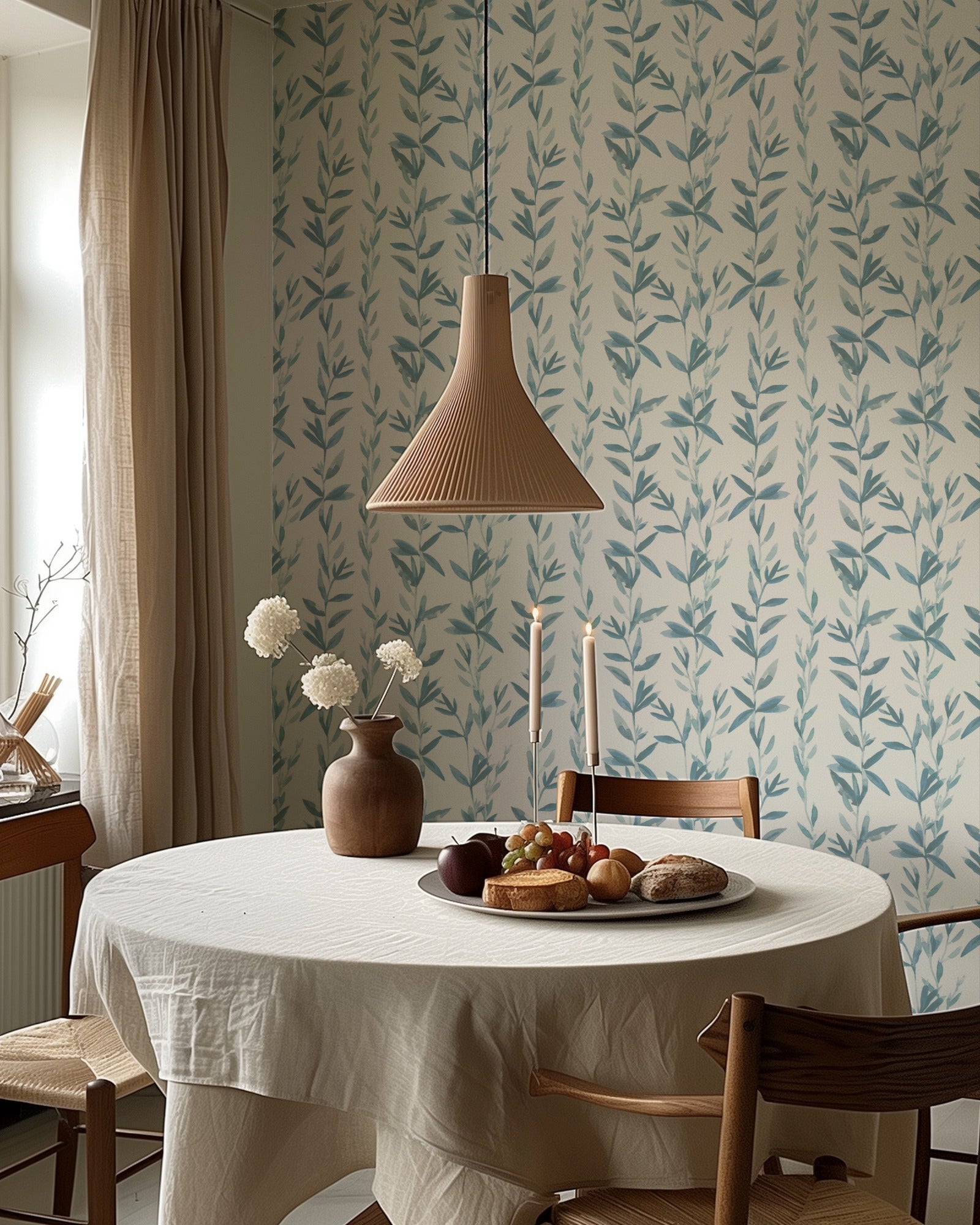 Ramage 01 watercolor vine wallpaper in a kitchen and dining space