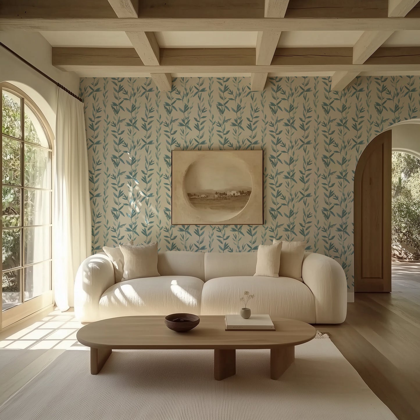 Ramage 01 watercolor vine wallpaper in a living room