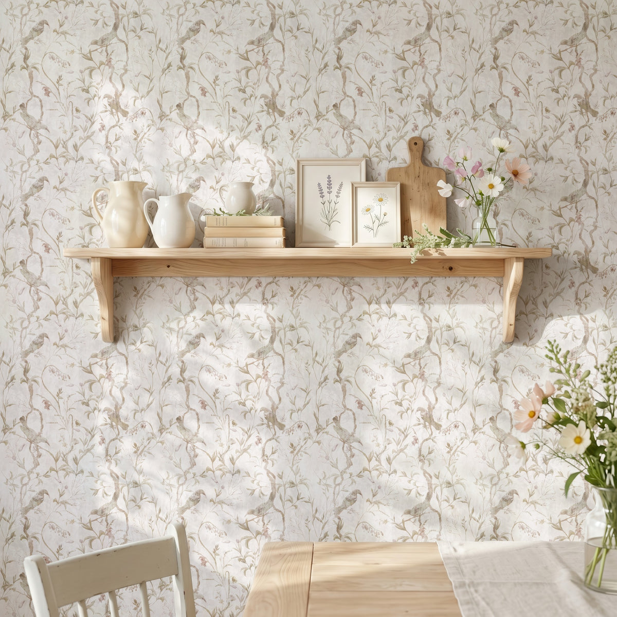 Rosa Aviary bird wallpaper in an elegant kitchen and dining room