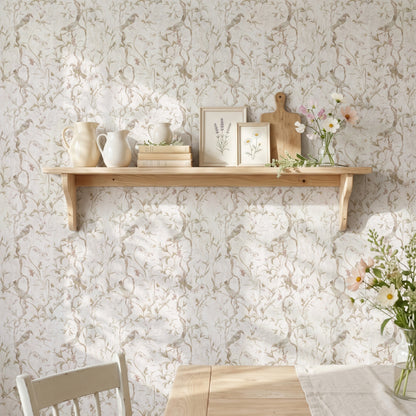 Rosa Aviary bird wallpaper in an elegant kitchen and dining room