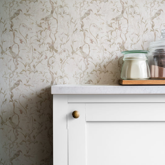 Rosa Aviary botanical wallpaper in a refined dining space
