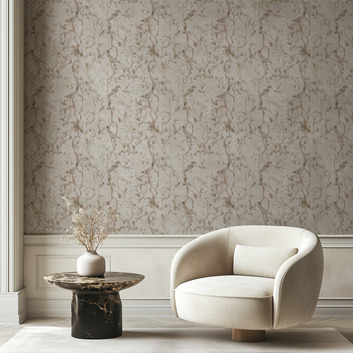 Rosa Aviary wallpaper in a soft office and hallway