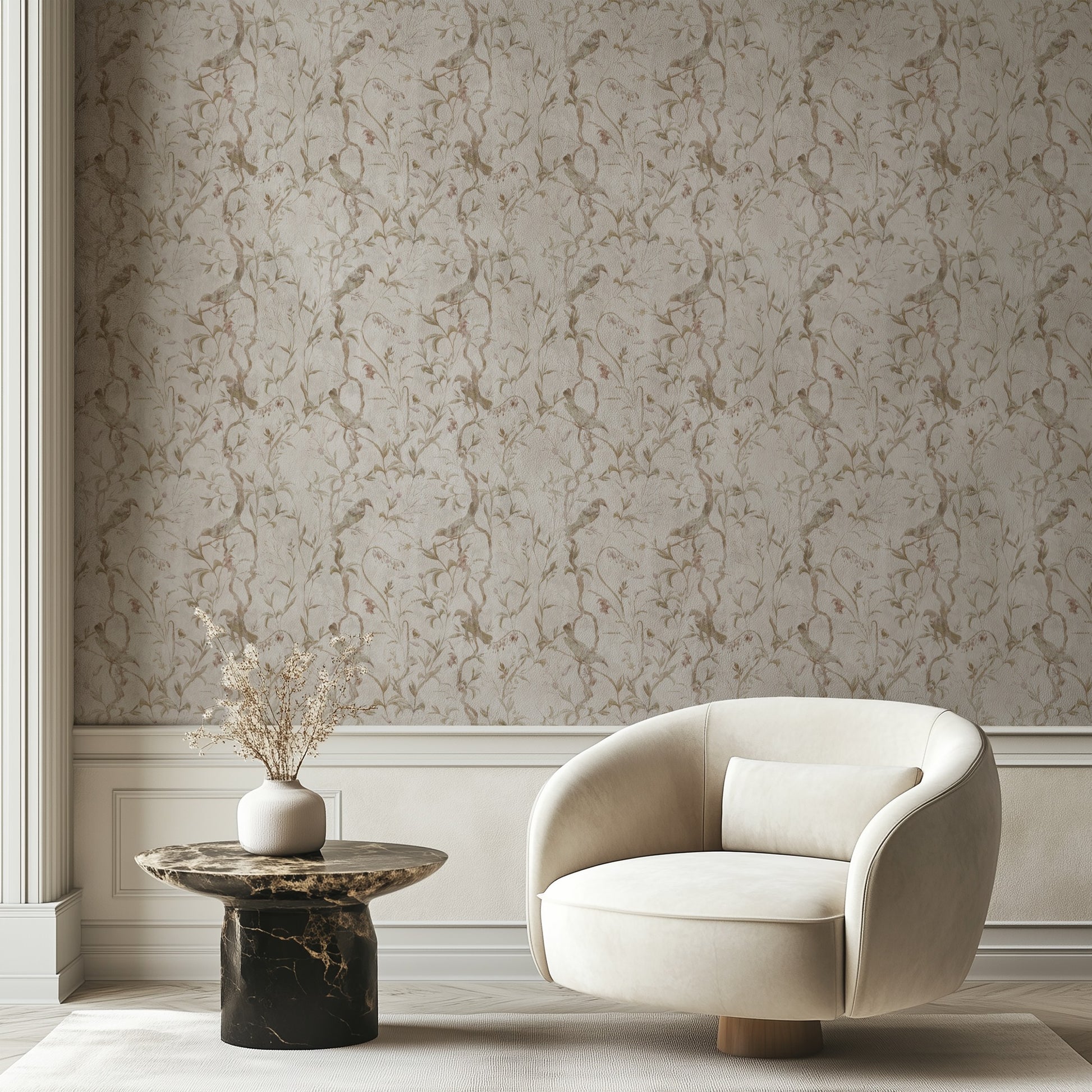 Rosa Aviary wallpaper in a soft office and hallway