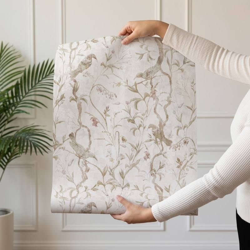 Rosa Aviary wallpaper design — painterly songbirds among trailing branches in muted sage and blush