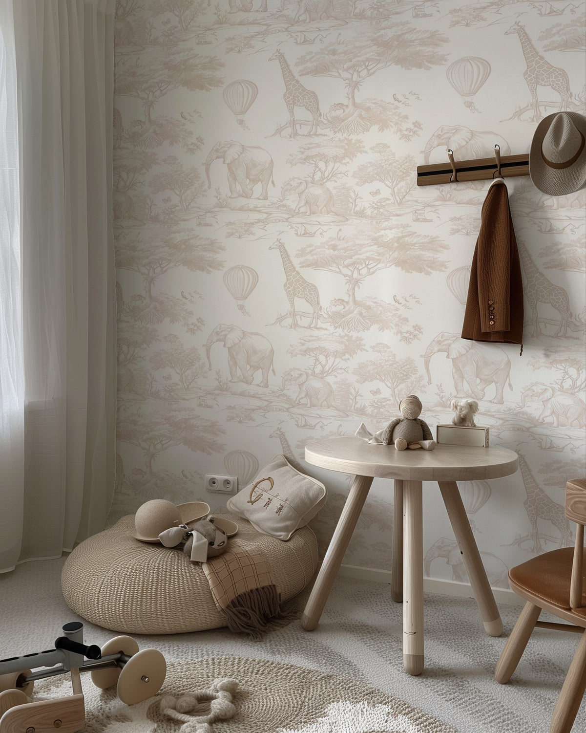 Wild Safari Soft Beige safari-animal wallpaper in a kids' room