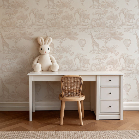 Wild Safari Soft Beige safari wallpaper in a nursery and children's room