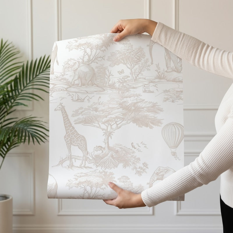 Wild Safari Soft Beige wallpaper roll drop showing the safari toile repeat