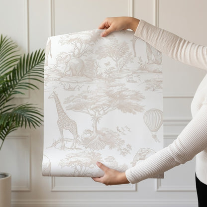 Wild Safari Soft Beige wallpaper roll drop showing the safari toile repeat