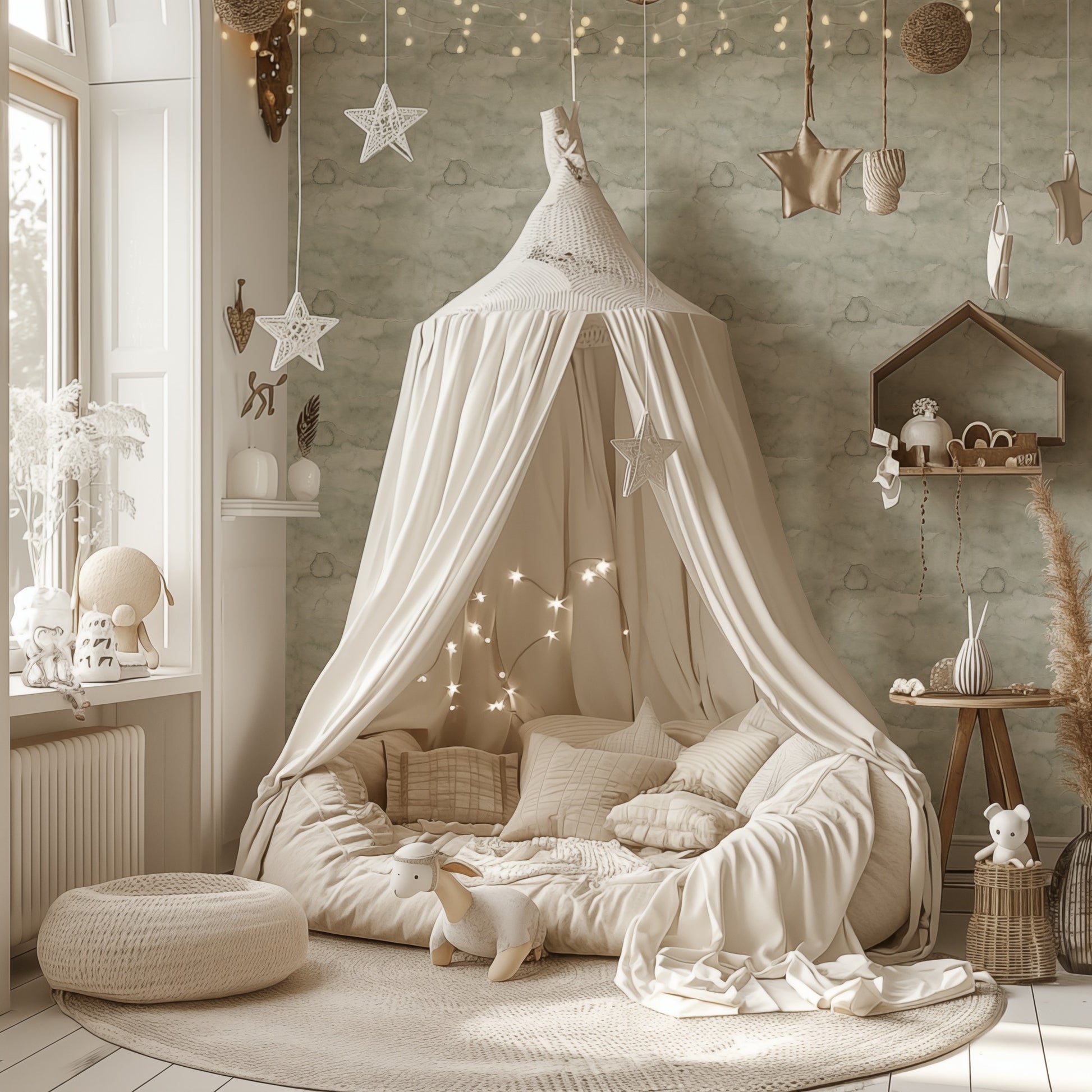 Sage Mist cloudy wallpaper in a soft children's room