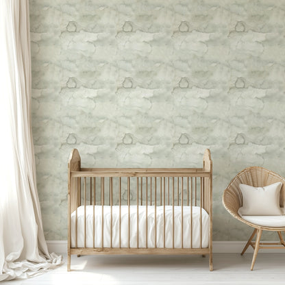Sage Mist watercolour wallpaper in a calm nursery
