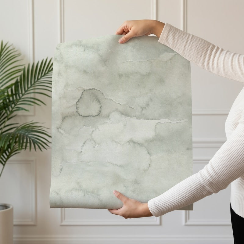 Sage Mist wallpaper roll drop showing the misty watercolour wash