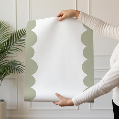 Sage Scallop wallpaper roll drop showing the sage-green scallop stripe repeat