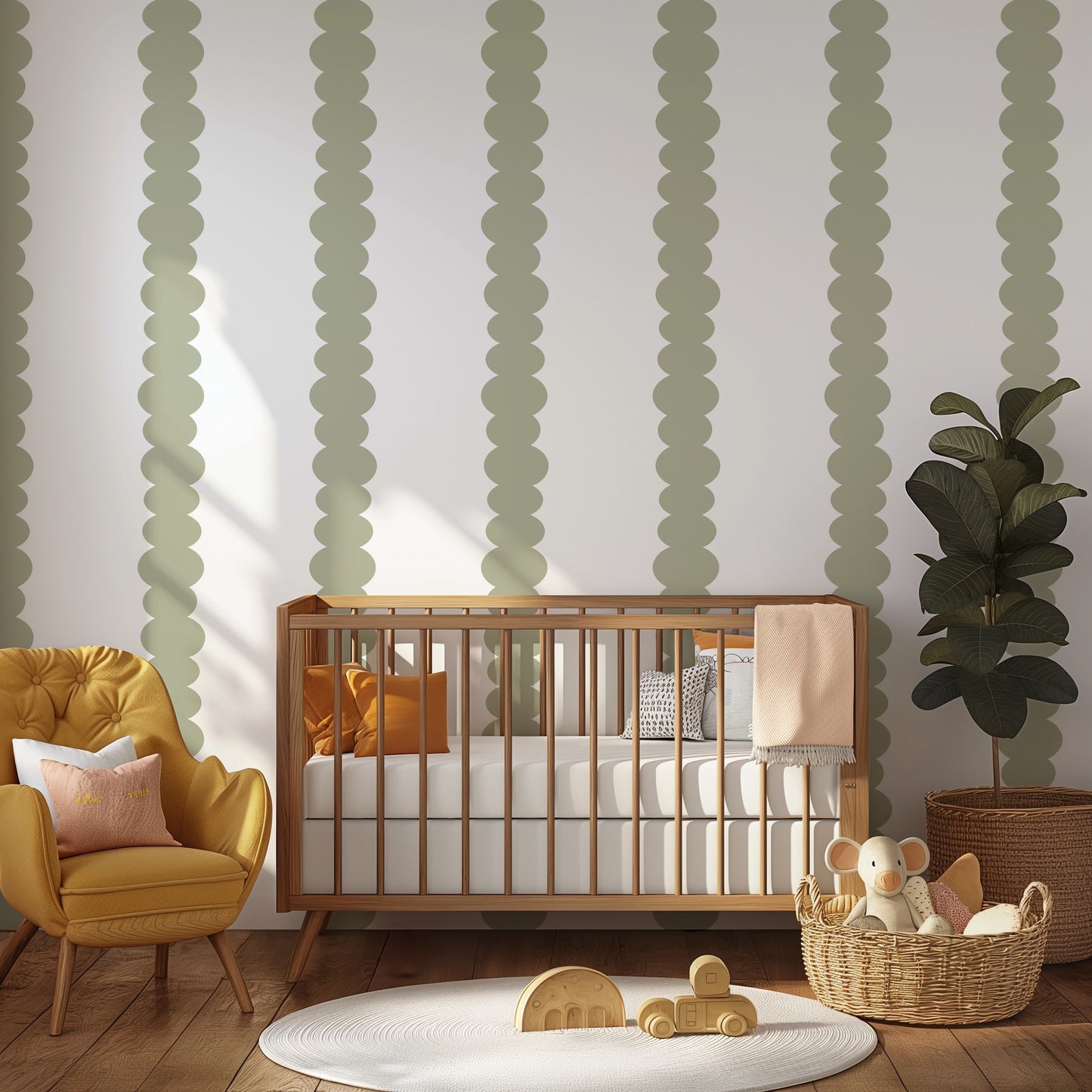 Sage Scallop sage-green scallop wallpaper on a calm nursery wall