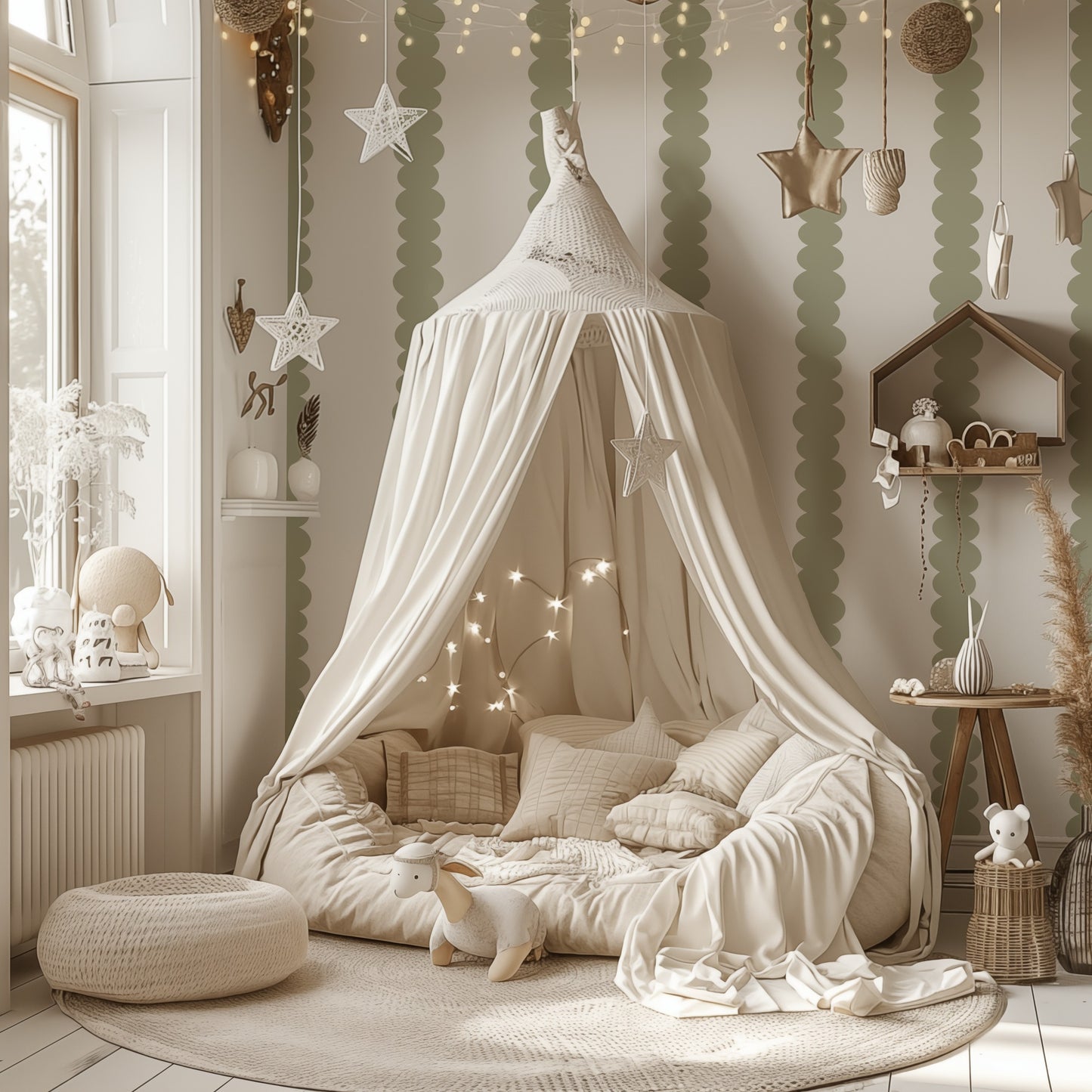 Sage Scallop scalloped wallpaper in a bright children's room