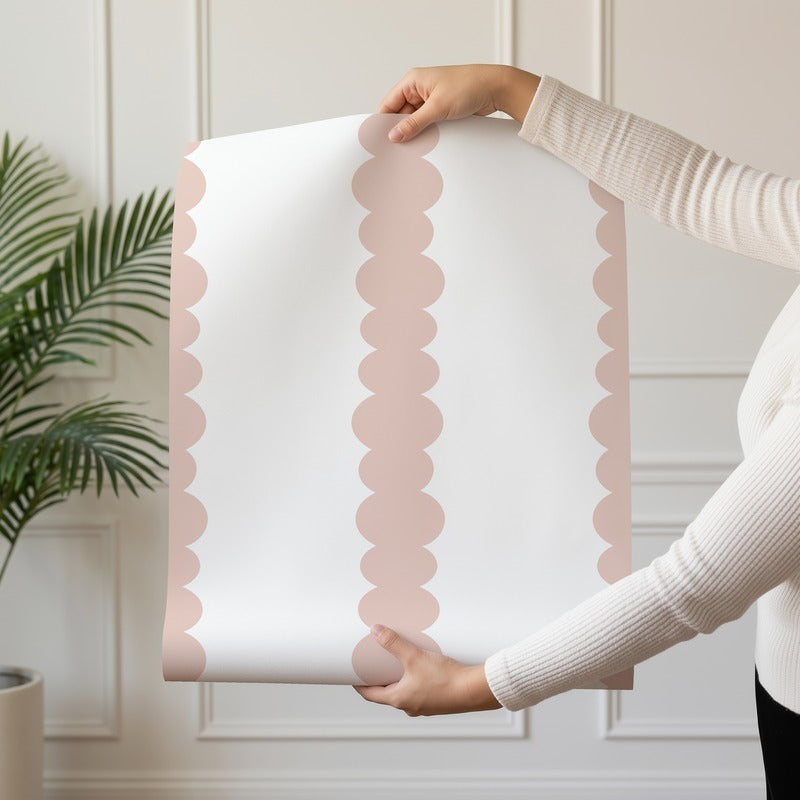 Scalloped Stripes Blush wallpaper roll drop showing the blush scalloped pinstripe repeat