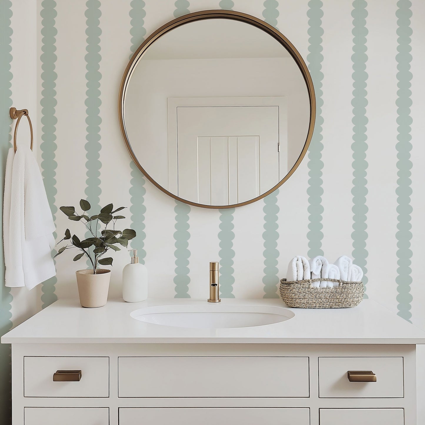 Scalloped Stripes Mint wallpaper in a bright bathroom with white fixtures