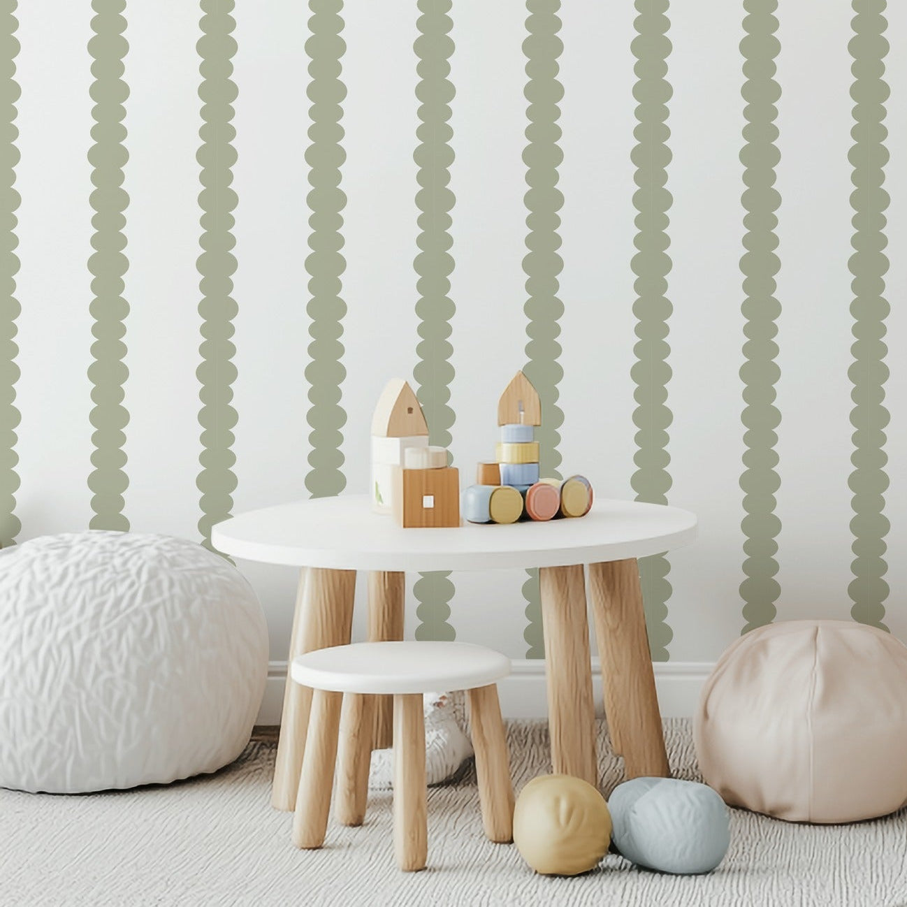 Scalloped Stripes Sage wallpaper in a playful children's playroom
