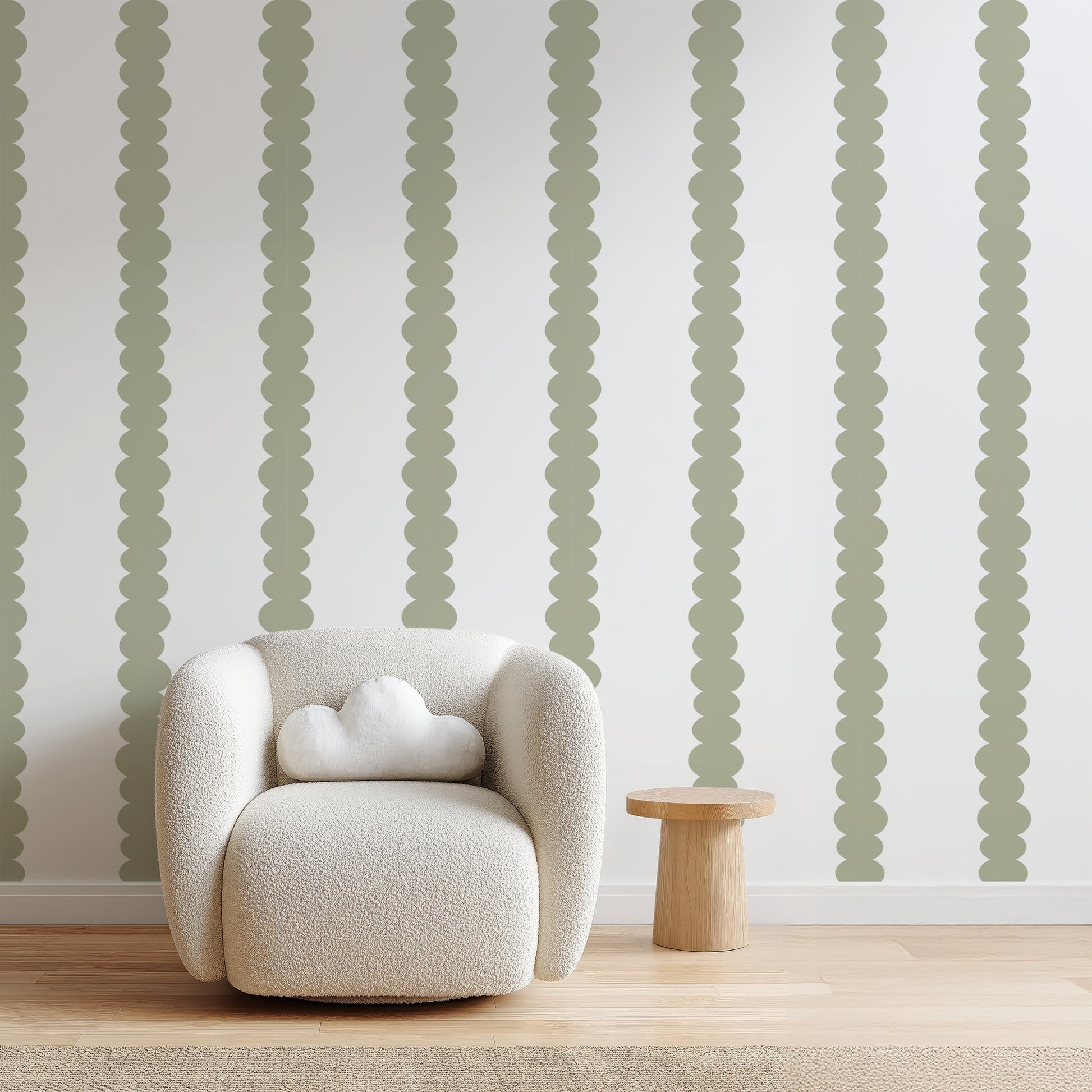 Scalloped Stripes Sage wallpaper in a calm home office