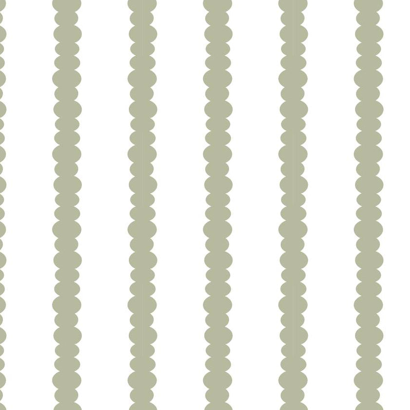 Scalloped Stripes Sage wallpaper design — fine scalloped pinstripe in muted sage-green on white
