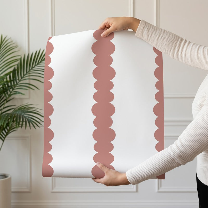 Scalloped Stripes Terracotta wallpaper roll drop showing the terracotta scalloped pinstripe repeat