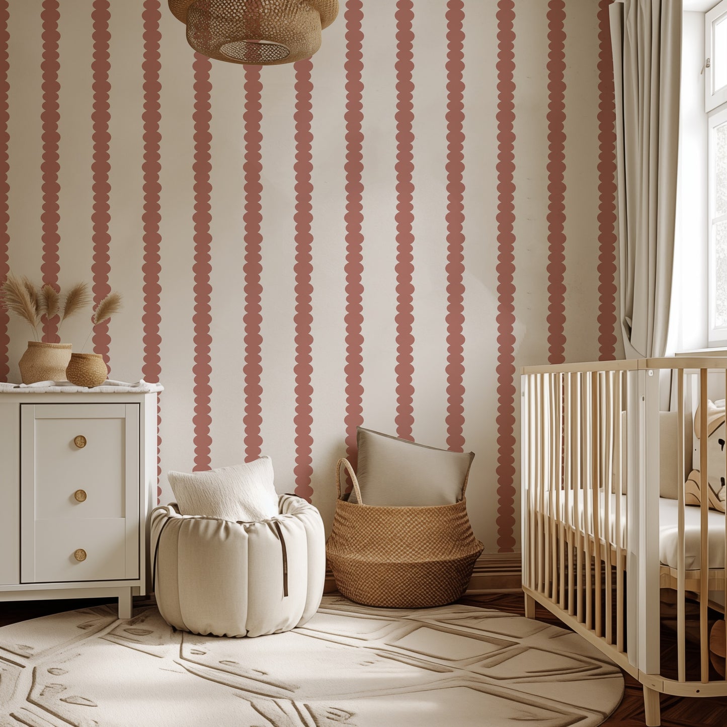 Scalloped Stripes Terracotta wallpaper in a gentle, softly lit nursery