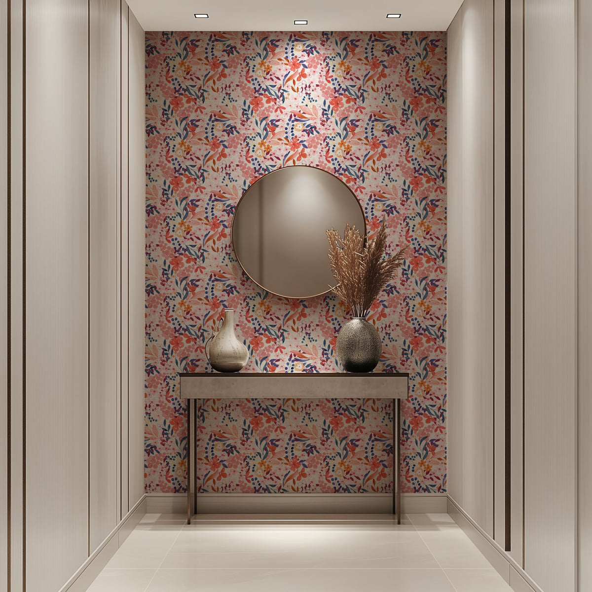 Scarlet Bloom colourful floral wallpaper in a bright office and hallway