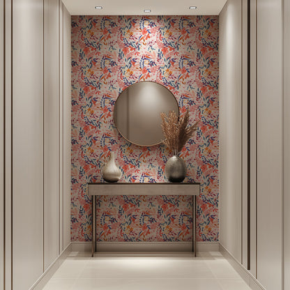 Scarlet Bloom colourful floral wallpaper in a bright office and hallway