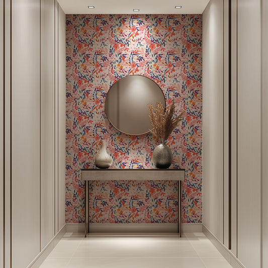 Scarlet Bloom colourful floral wallpaper in a bright office and hallway